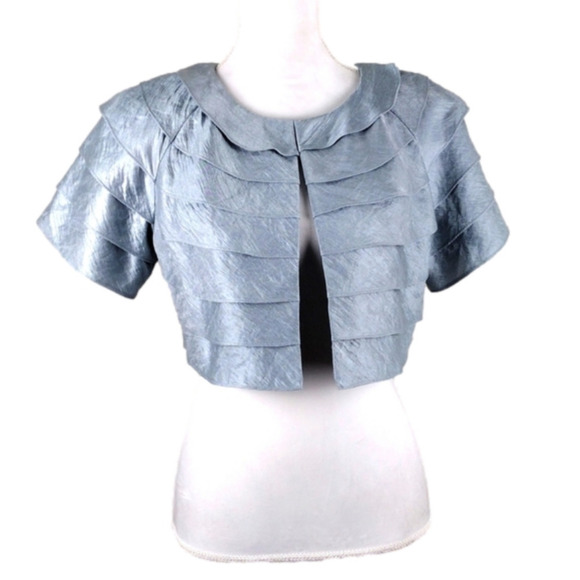 Eliza J. Silver Peter Pan Ruffle Collar Short Sleeve Clasp Front Bolero Jacket - Picture 1 of 9